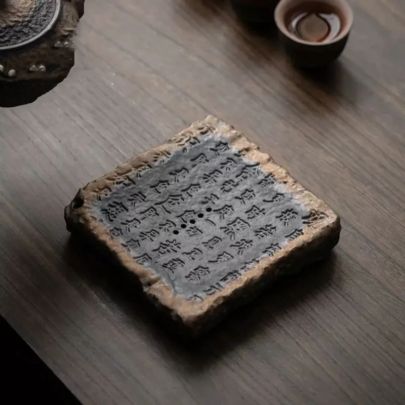 Tea Tray with Heart Sutra, Tea Board, Ceramic Pot, Teaware, Teaware, Teaware, Dry Brewing Table, Water Storage Type, Chinese Ret