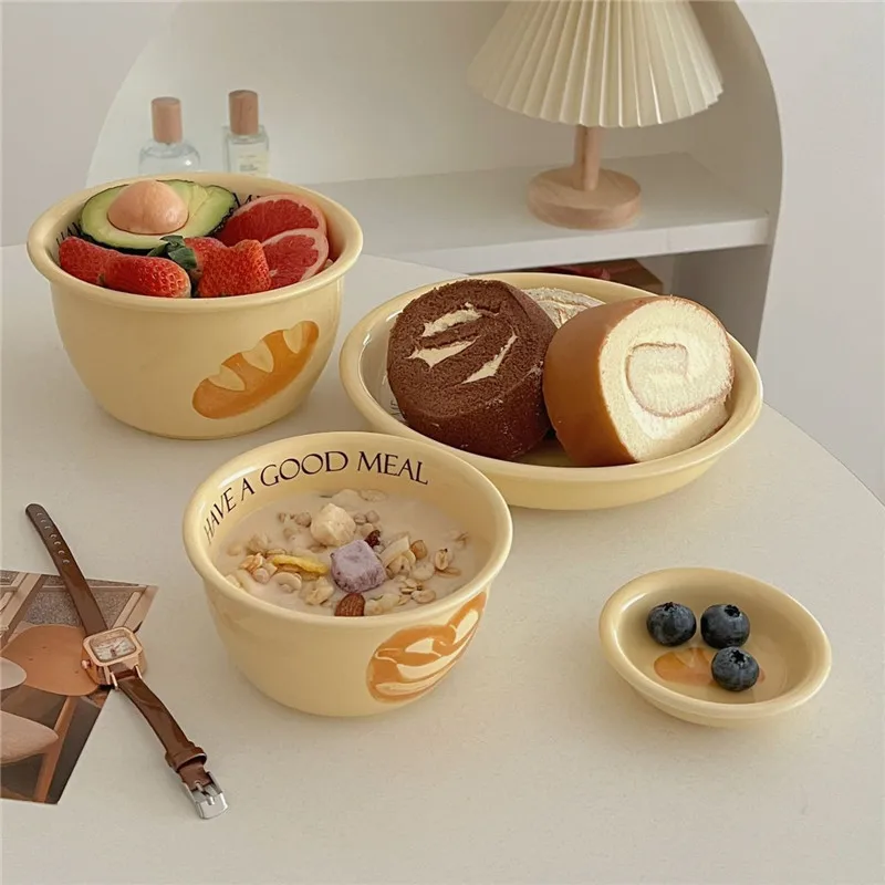 Korean Style Household Ceramic Tableware Set Creative Bread and Toast Printed Noodle Bowls Meal Plate Home Porcelain Dinnerware ceramic tableware set