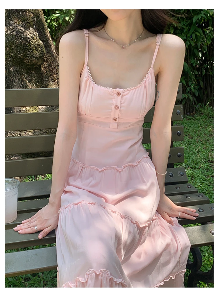 French Elegant Dresses for Women Solid Spaghetti Strap Summer New Ruffles A-line Casual Korean Chic Midi Vestidos Mujer