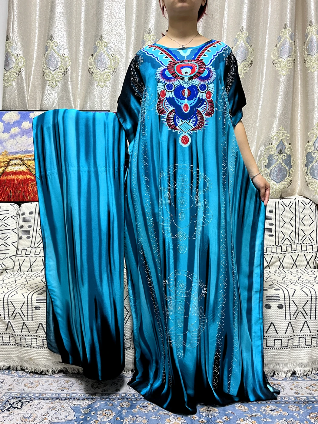 Muslim Cortton Abays For Women Prayer Garment Appliques Diamonds Loose Femme Robe African Nigeria With Shawl Scarf 170x60cm