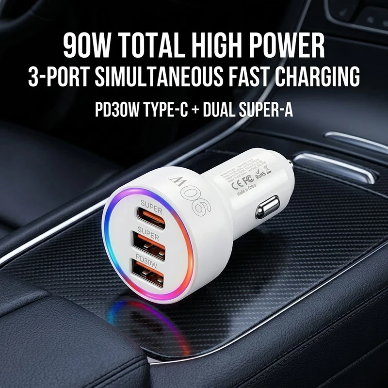 90W 고속 충전 차량용 어댑터, 화려한 LED 조명, 3포트 PD30W 타입 C ..