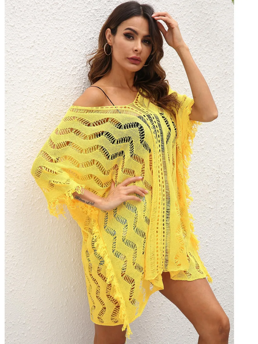 New Loose Casual Vacation Beach Cover Shirt V-neck Solid Color Hollow Knitting Perspective Tassel Summer Swimsuit Dress CR3719 1