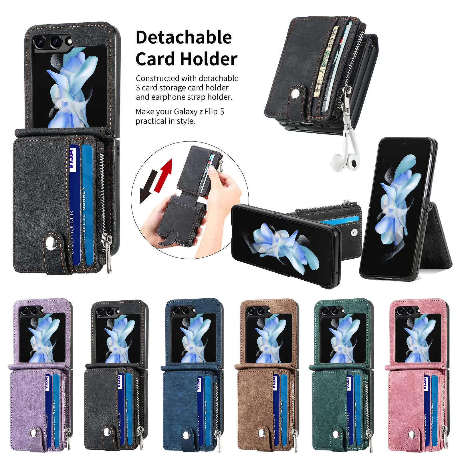 Leather Foldable Wallet Phone Case with Zipper Card Holder