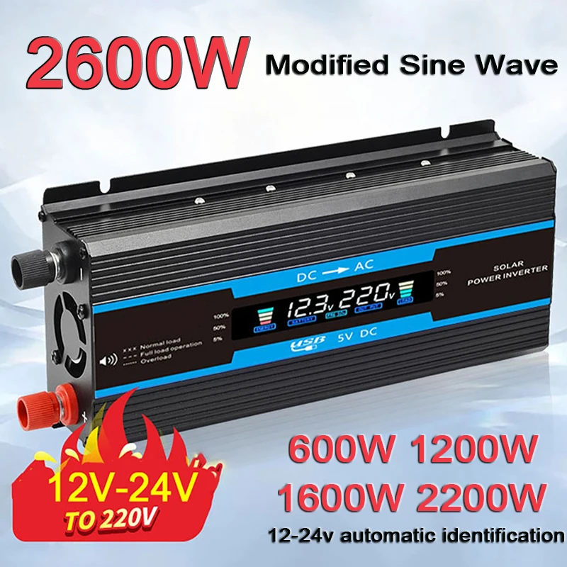 

Power Car Inverter Modified Sine Wave 1600W/2200W/2600W Solar Inverter DC12V to AC 220V USB Transformer Converter 12-24V to 220V