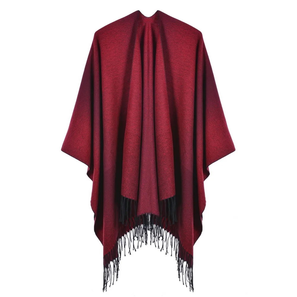 Autumn Winter Women's Jacquard Shawl European American Street Fashion Fork Thickened Cloak For Warmth Ponchos Capes Red 5 colors autumn women shawl capes striped plaid poncho faux fur out street wear triangle thick warm o neck pullover overcoat