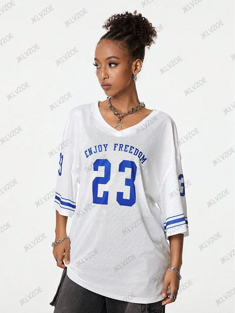 2024 Summer White Enjoy Freedom Print T-Shirt For Women V