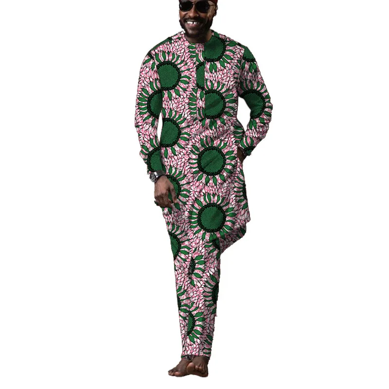 Nigerian Style Long Sleeves Men's Sets Modern Design Print Male Pant Suits African Fashion Wedding Party Wear