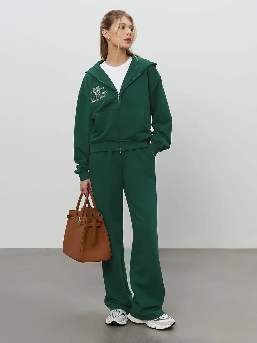 Bornlaides New Short Zipper Hoodie Set Women's Autumn Winter Casual Sports Hoodie Sweatshirt Wide Leg Pants 2 Piece Set