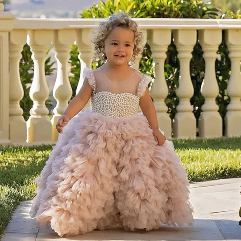 

Jill Wish Luxury Pink Baby Flower Girl Dresses Arabic Pearls Princess Kids Ball Gown for Birthday Wedding Party Pageant J042