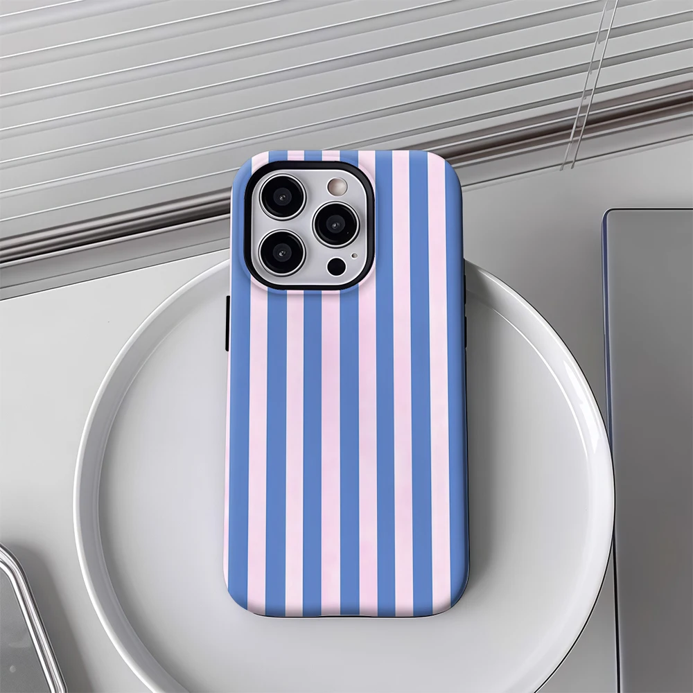 Luxury Double-Layer Blue & Pink Vertical Stripes Phone Case