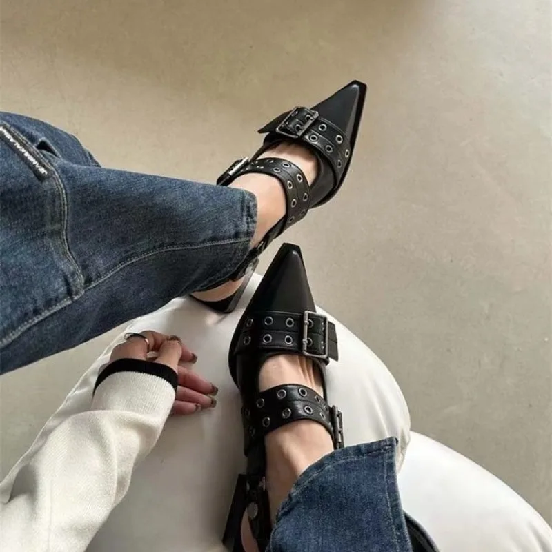 

New 2023 Women Chunky Sandals Summer Shoes Fashion Mid Heels Pointed Toe Party Shoes Brand Casual Shoes Mujer Slippers Zapatos