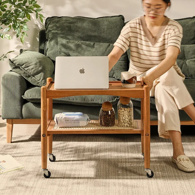Solid Wood Removable Sofa Coffee Table Double Layer Rattan Woven Living Room Low Table Walnut Wheel Tea Cart