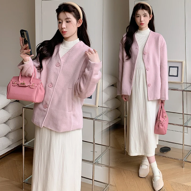 Winter Plus Size Female Woolen Outwear Long Sleeve V-neck Single-breasted Maternity Jacketsr Fashion Pink Pregnant Woman Coats