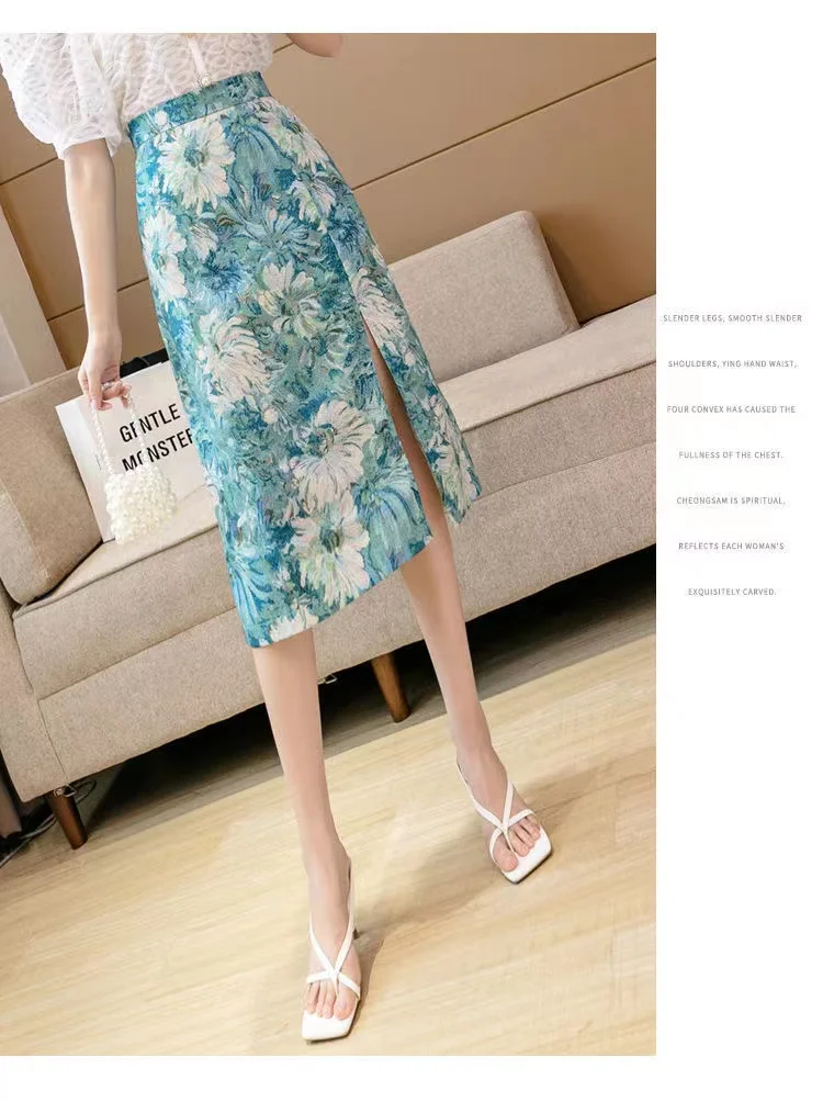 2022 Spring Summer Oil Painting Flower Print French Y2k Long Skirt Elegant Temperament Skirts Women's Clothing hoop skirt