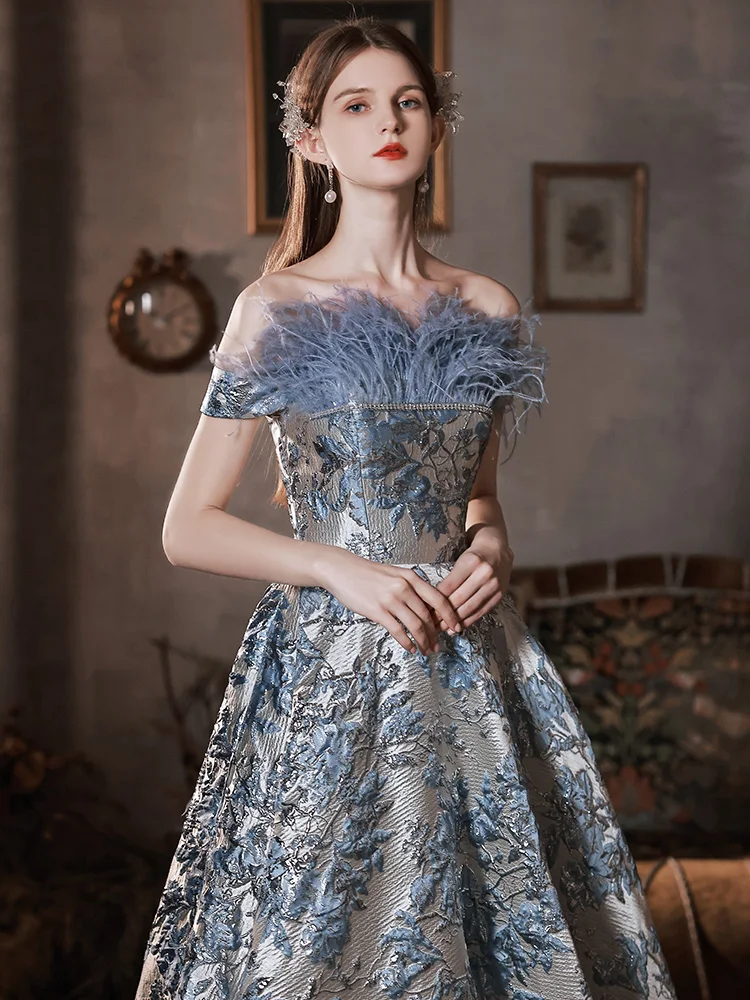 Luxury Jacquard Satin Formal Gowns With Feather Elegant Off The