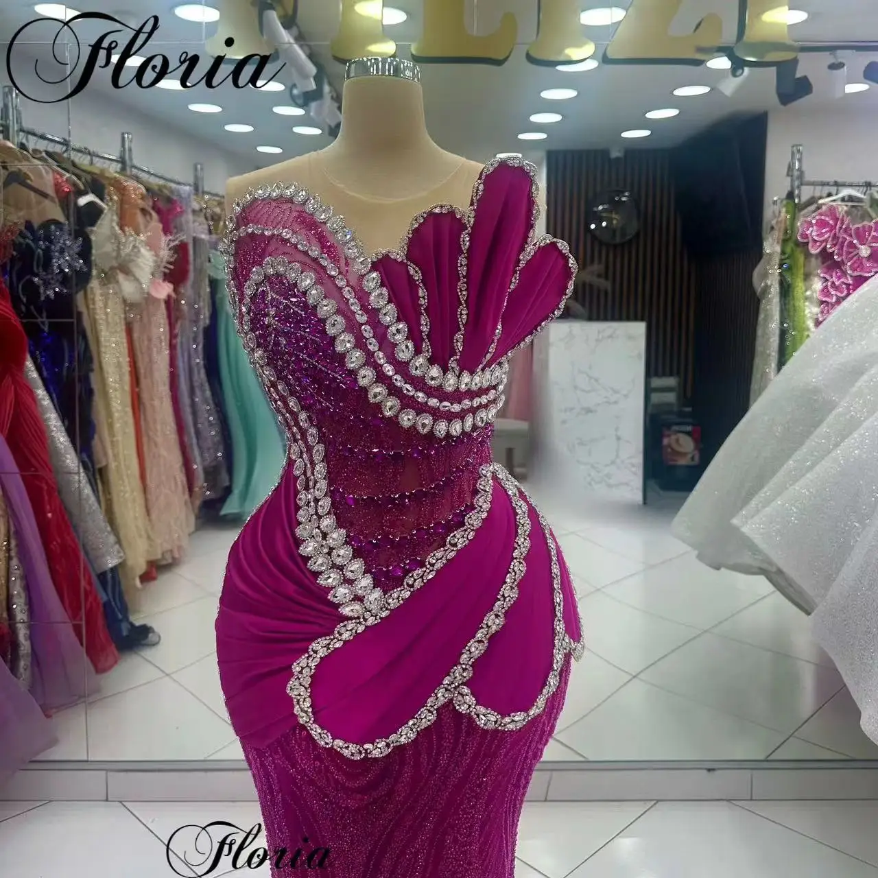 Fuchsia Cocktail Dresses Mermaid Crystals Evening Gowns Grand Party Dresses Custom