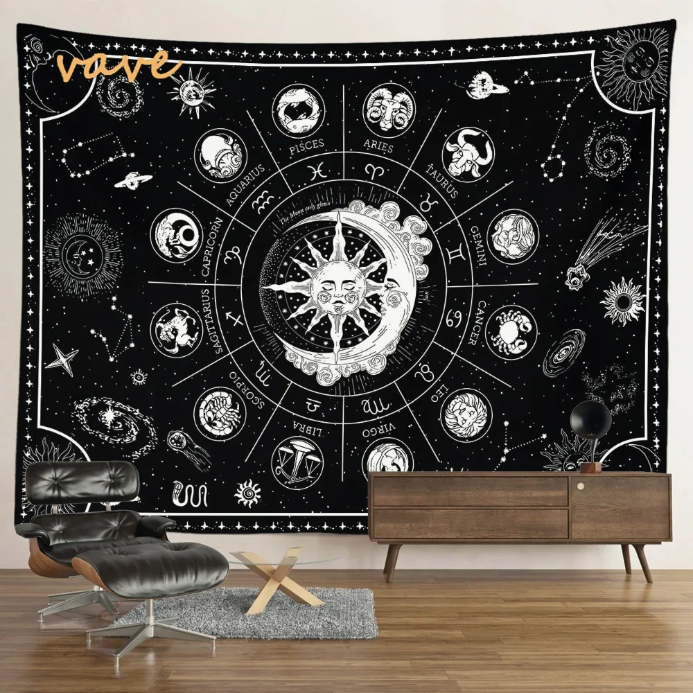 Witchcraft Astrology Mandala Tapestry Black and White Sun Moon Tarot Wall Hanging