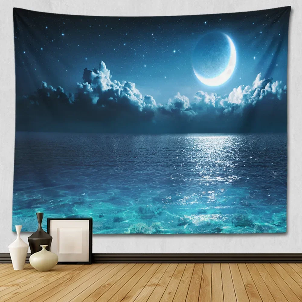 Star Sky Moon Tapestry Hanging Decorative Blue Starry Night Galaxy Universe Large Fabric Wall Tapestry for Bedroom Wall Decor