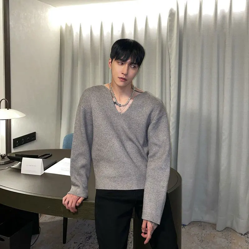 2023 Autumn KPOP Fashion Style Harajuku Slim Fit Tops Loose Casual All Match Undershirt Insert V Neck Solid Long Sleeve Sweaters