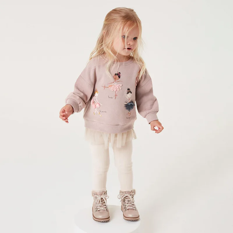 

Autumn Girls' Fashion Cotton New Round Neck Long Sleeve Cute Cartoon Decal Sweater+Warm Fit Pants Spring 2 Pcs Set