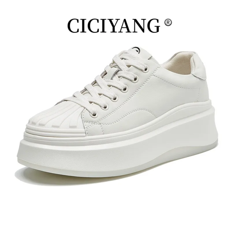 

CICIYANG Genuine Leather Women Platform Sneakers Spring Casual Conch Vulcanized Shoes Ladies Thick Bottom Skate Shoe Small White