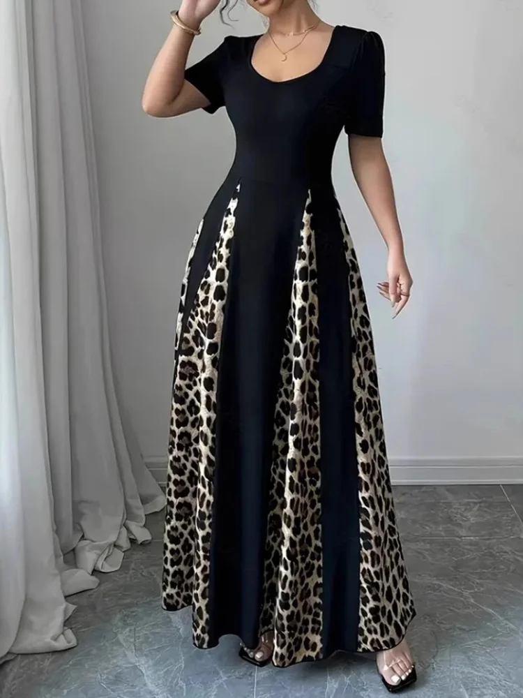 Wmstar 2025 New Women Fashionable Elegant Plus Size Dress Short Sleeve U Neck Black Leopard Print Patchwork Plus Size Dress