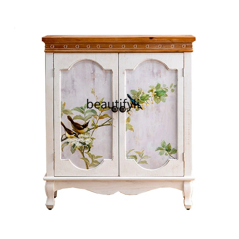 

Pastoral Painted Entrance Cabinet Solid Wood Living Room Retro Dining Side Locker Traditional Art Furniture