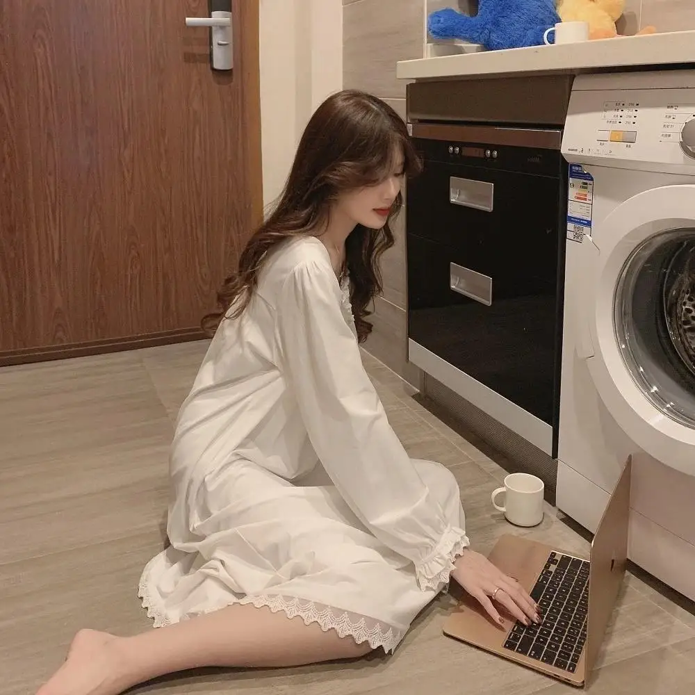 Women Korean Style Ruffles Pajamas Long Sleeve Solid Night Wears Women Loose Nightgown Sleep Ladies women nightgowns women nightdresses women pajamas sleeping dress