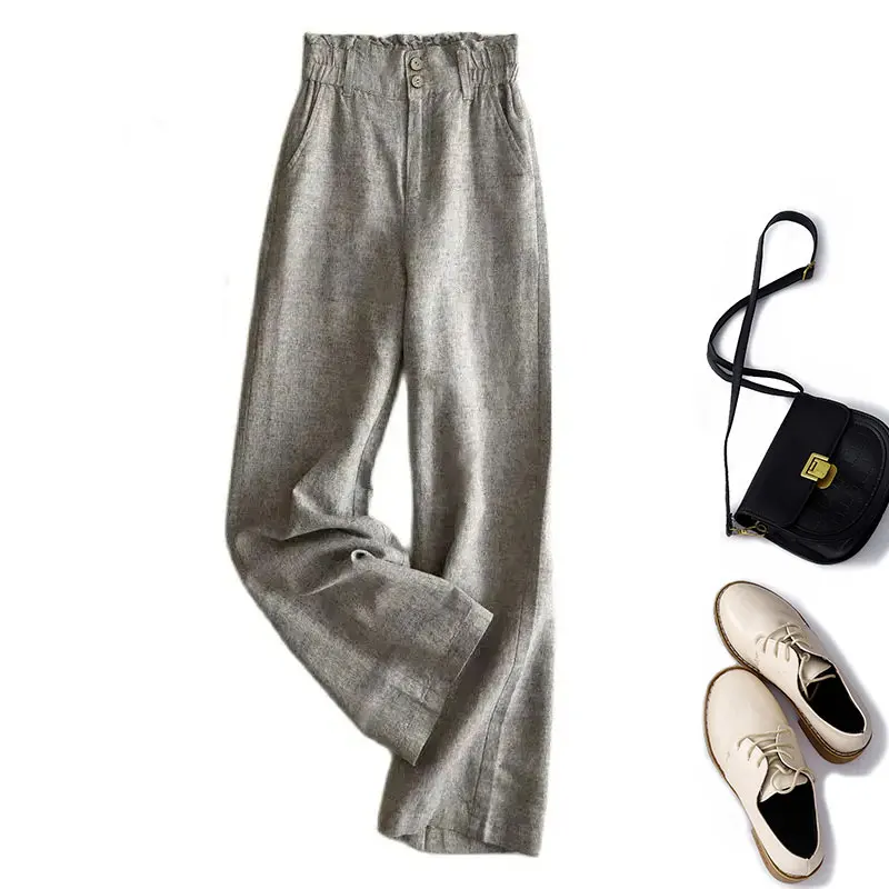 Pantalones holgados de pierna ancha para mujer, ropa básica informal de lino liso, elástica, de cintura alta, hasta el t