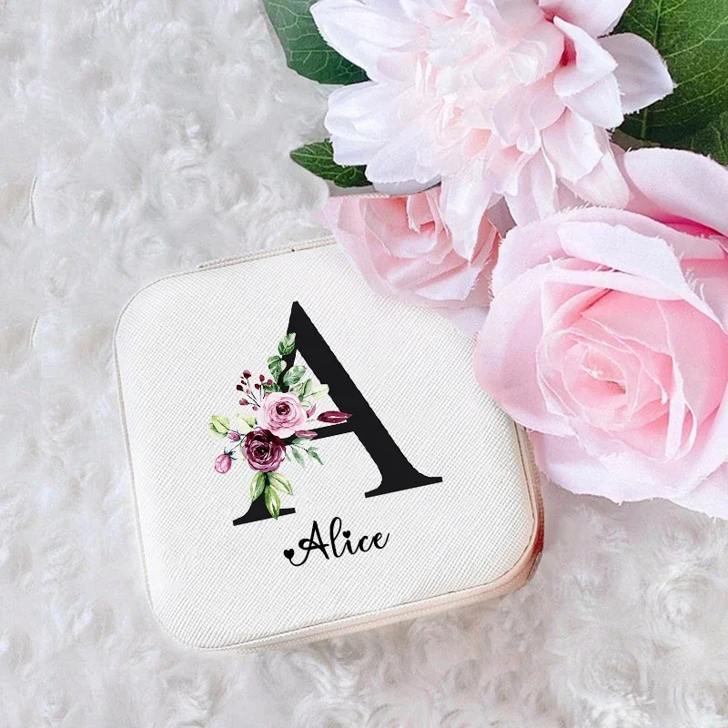 Jewelry Box Personalized Initial Letter Withe Name Girl Jewellery Case Wedding Gift Bridesmaid Portable Travel Case Gifts