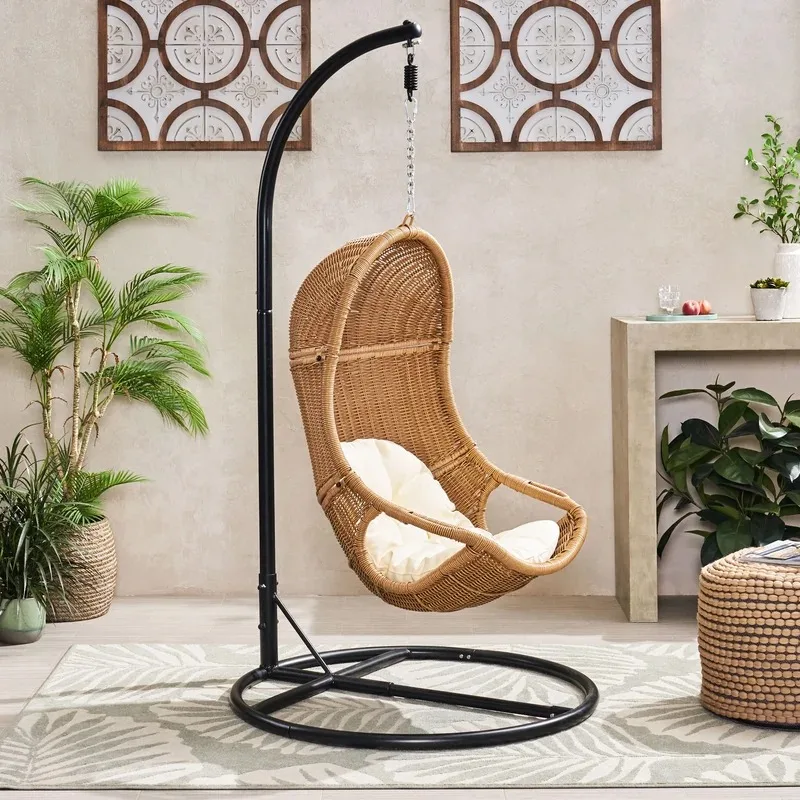 

Garden Chairs Outdoor Indoor Hanging PE Rattan Metal Frame Cotton Rope Leisure Swing Hanging Chair