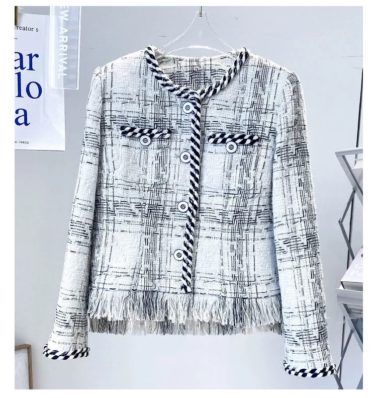 

Spring Autumn New Designer Women's High Quality Plaid Tassels Tweed Jackets B441