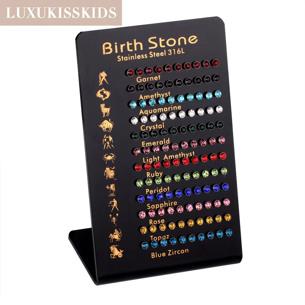 LUXUKISSKIDS 60pairs/Card 12 Constellations Birthday Stone Crystal Stud Earrings for Women Colorful Fashion Jewelry Pendientes