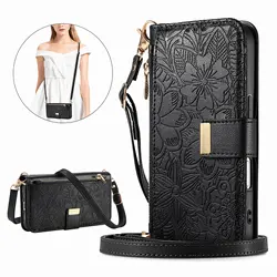 Luxurious PU Leather Zipper Crossbody Wallet Phone Case with Wrist Strap and Card Slots - Galaxy A51 5G (Black Long Strap)
