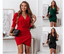 

Summer spring dress women's autumn and winter new solid color sexy fashion V-neck puff sleeve hip dress