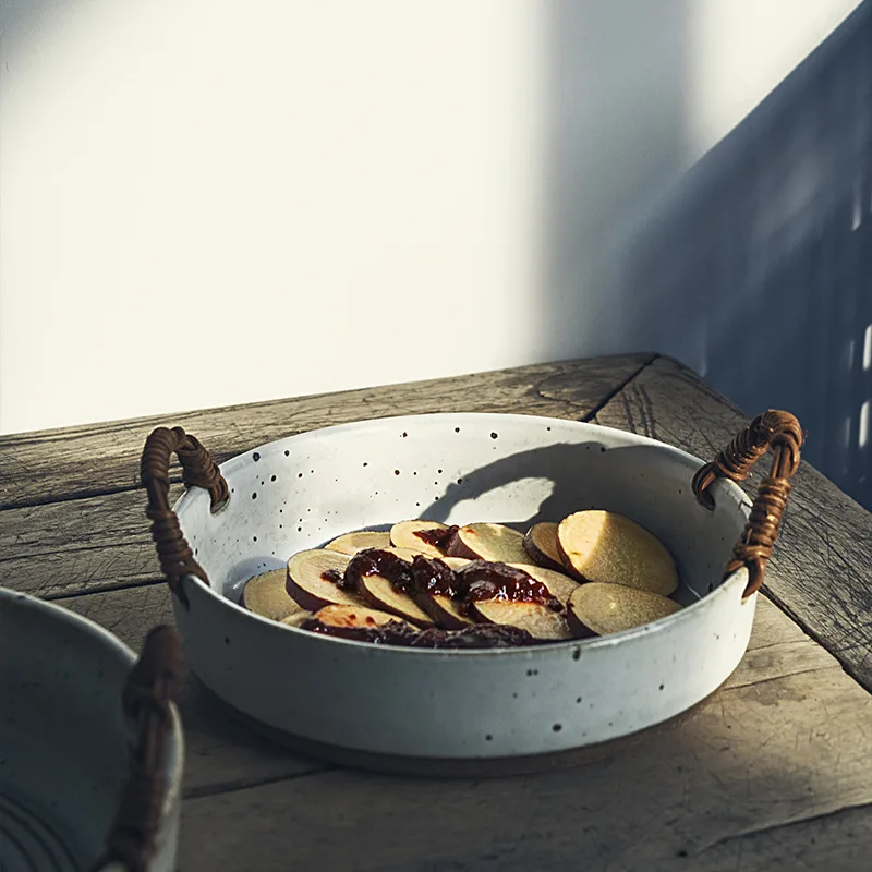 

Vintage Dried Fruit Plate, Stoneware Fruit Plate, Household Plate, Snack Plate, Rattan Woven Ceramic Bread Basket