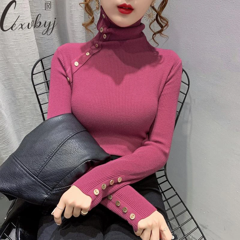 

Turtleneck Sweater Women Korean Fashion Button Patchwork Knitwear Top All-Match Autumn Winter Bottoming Knit Pullover Plus Size