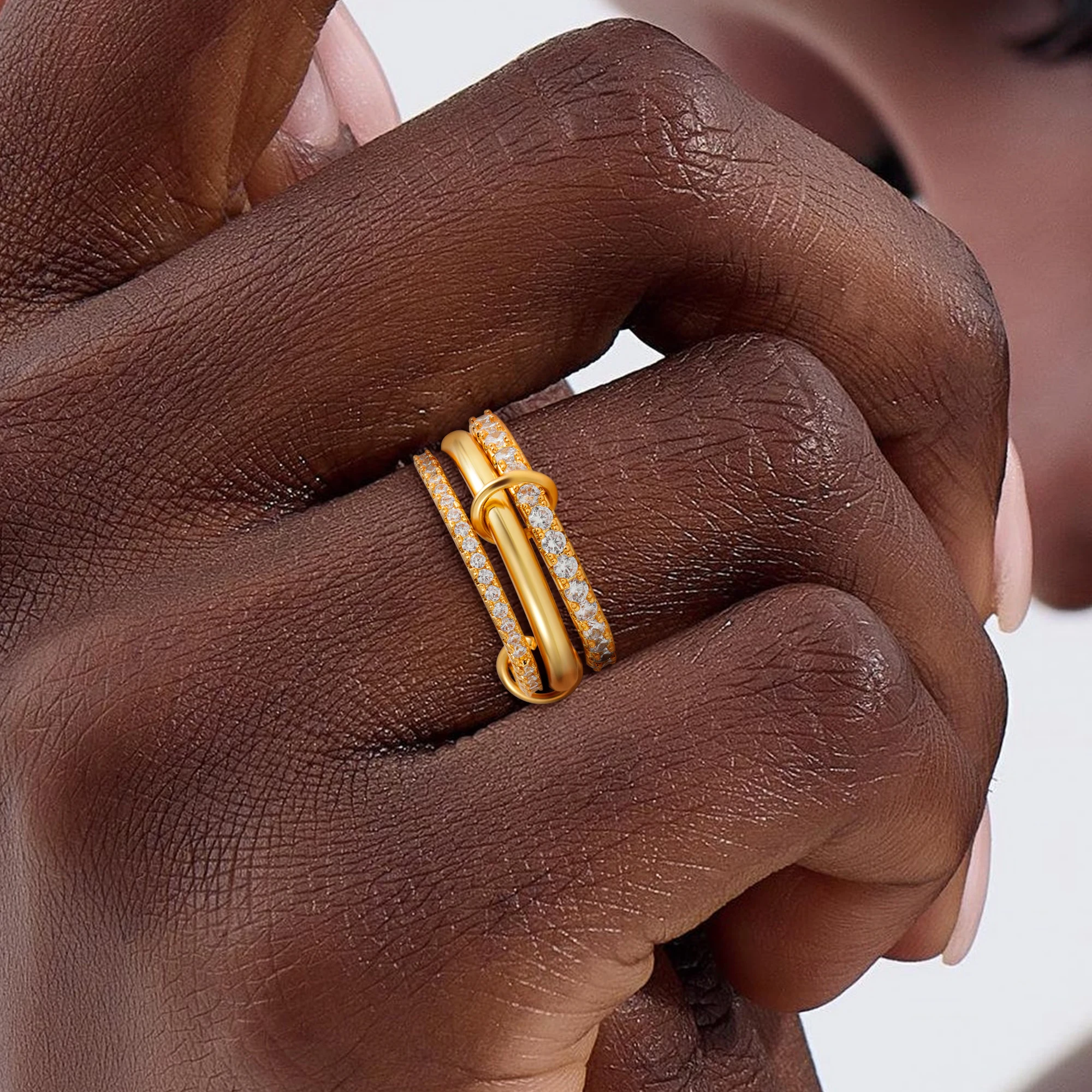 Fashion Luxury Cubic Zirconia Gold Plated Multilayer Connecting Rings Set for Women Mixed Color Stackable Finger Ring Jewelry