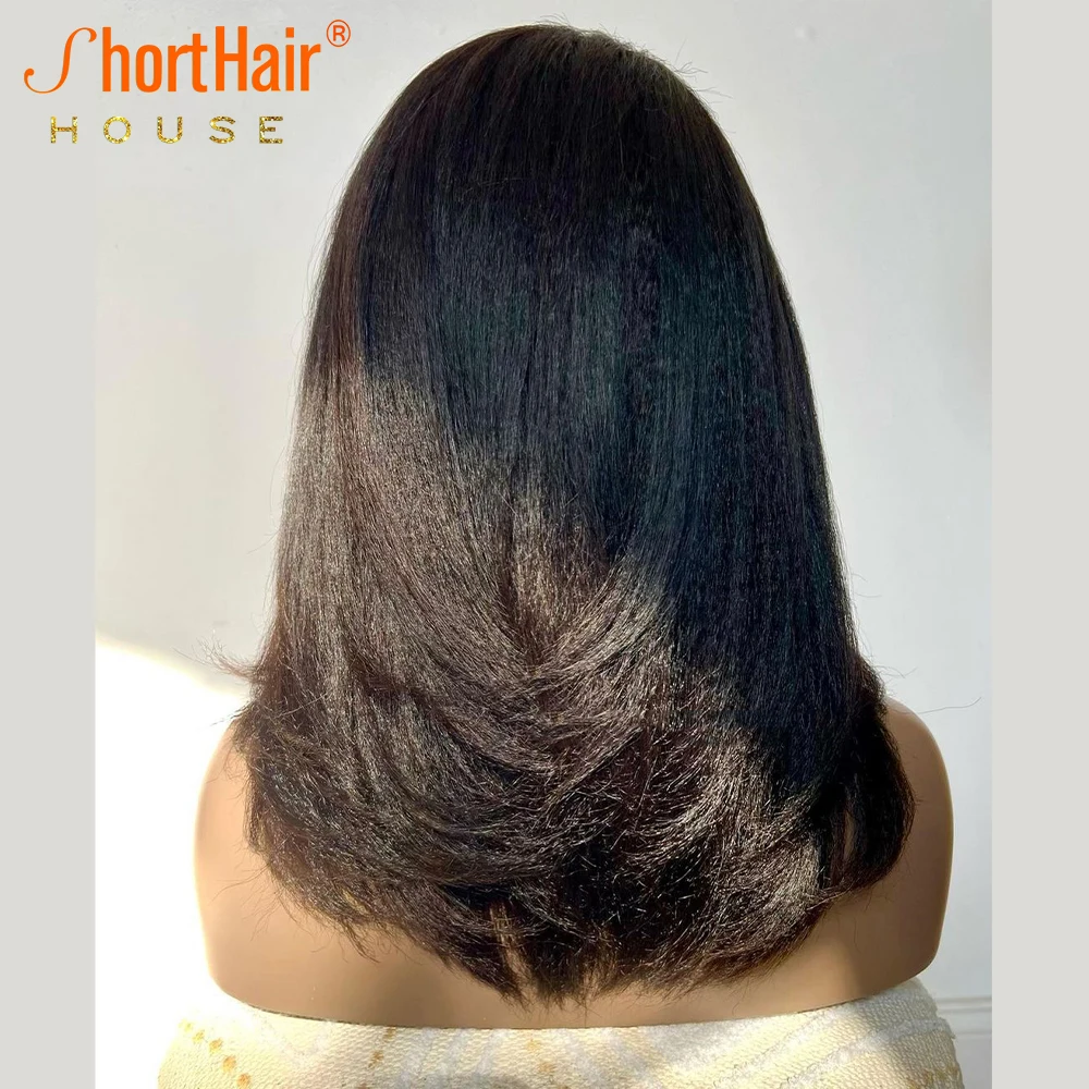 Short Cut Bob Wigs Kinky Straight Human Hair Wigs 13x4 Lace Frontal Yaki Straight Long Hair Layered Style Natural Black