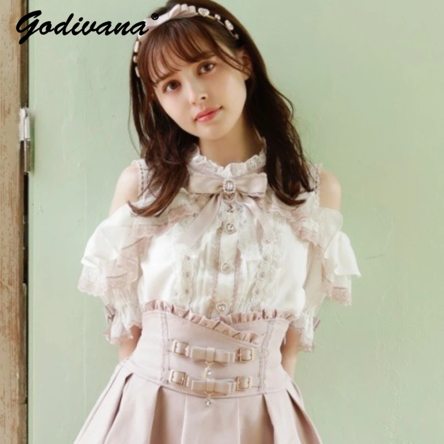 Liz Japanese Mass-Produced Mine Off-Shoulder Lace Ruffle Color-Block Bow Shirt Short Sleeve Tops Spring Summer Lolita Blouses