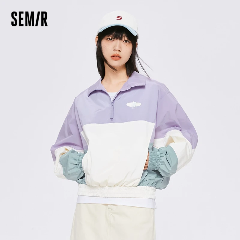 Semir 2023 Women Jacket St-up Collar Top Color-blocking Oversized Retro Mesh Stitching Coat Sweet Cool Jacket for Women african women dress european and american chiffon color blocking tie retro robe african loose plus size dresses 8637