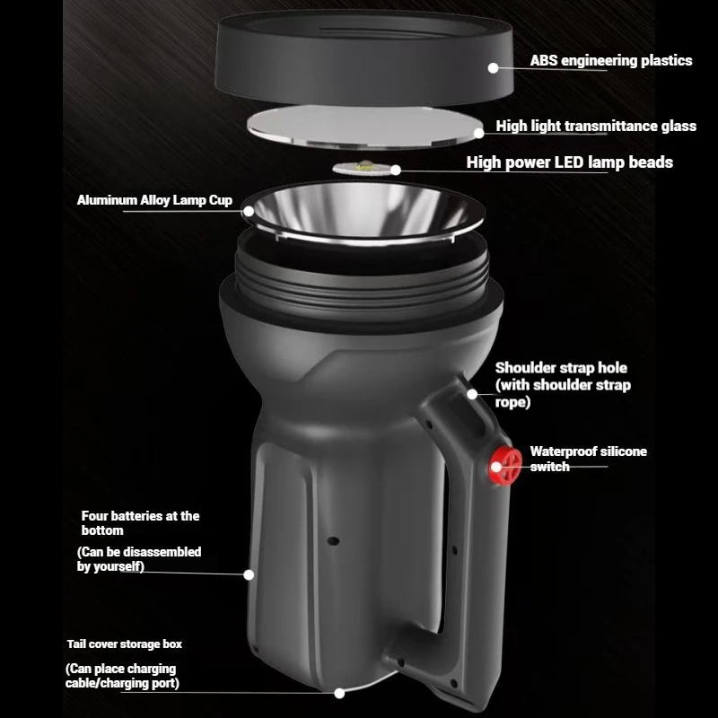 High Light LED Searchlight 8000mAh Long Range camping light USB Rechargeable Work Light Waterproof Outdoor Bright Flashlight