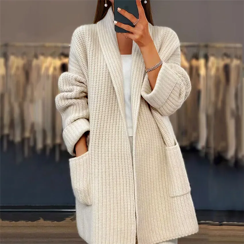 

Knit Cardigan Women Sweaters Full Sleeve Thick Coats Turn Down Collar Sweater Open Stitch Splice Solid Loose Fit Winter 2024