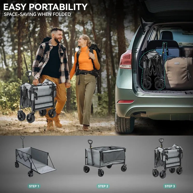265Lbs Collapsible Foldable Wagon, 45" Extra Long Beach Wagon Cart Heavy Duty Utility Wagon with Folding Tailgate, All-Terrain