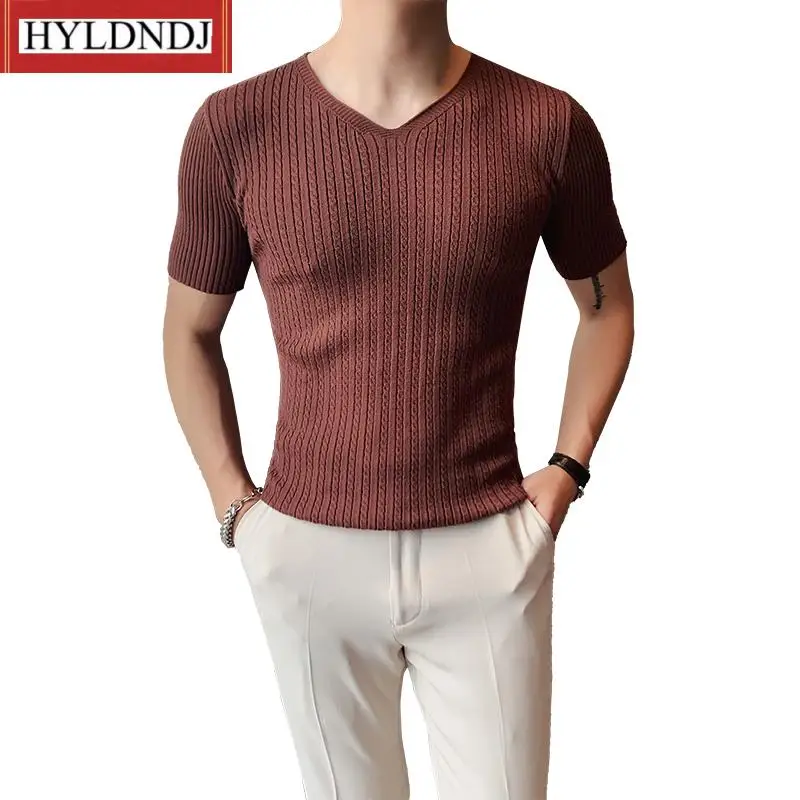 New Quality British Style Summer Men's Street V Neck Knitted T-Shirts Men Clothing 2023 Slim Fit Casual Short Sleeve Tee Shirt