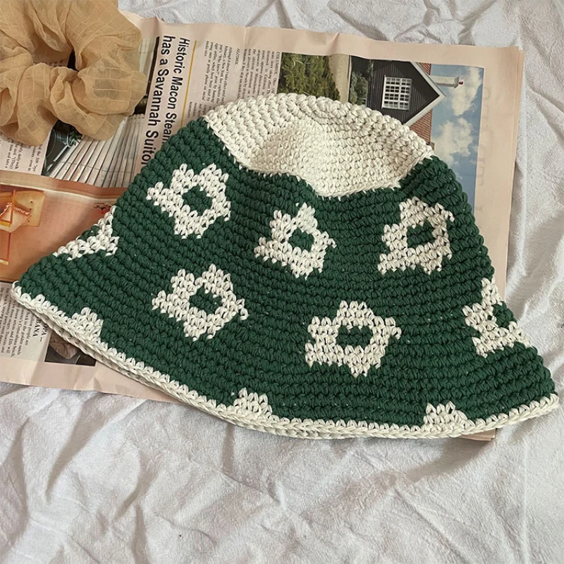 

2022 New Japanese Green Knitted Stitching Bucket Hat Summer Hand Crocheted Korean Women Flower Dome Casual Fisherman Caps