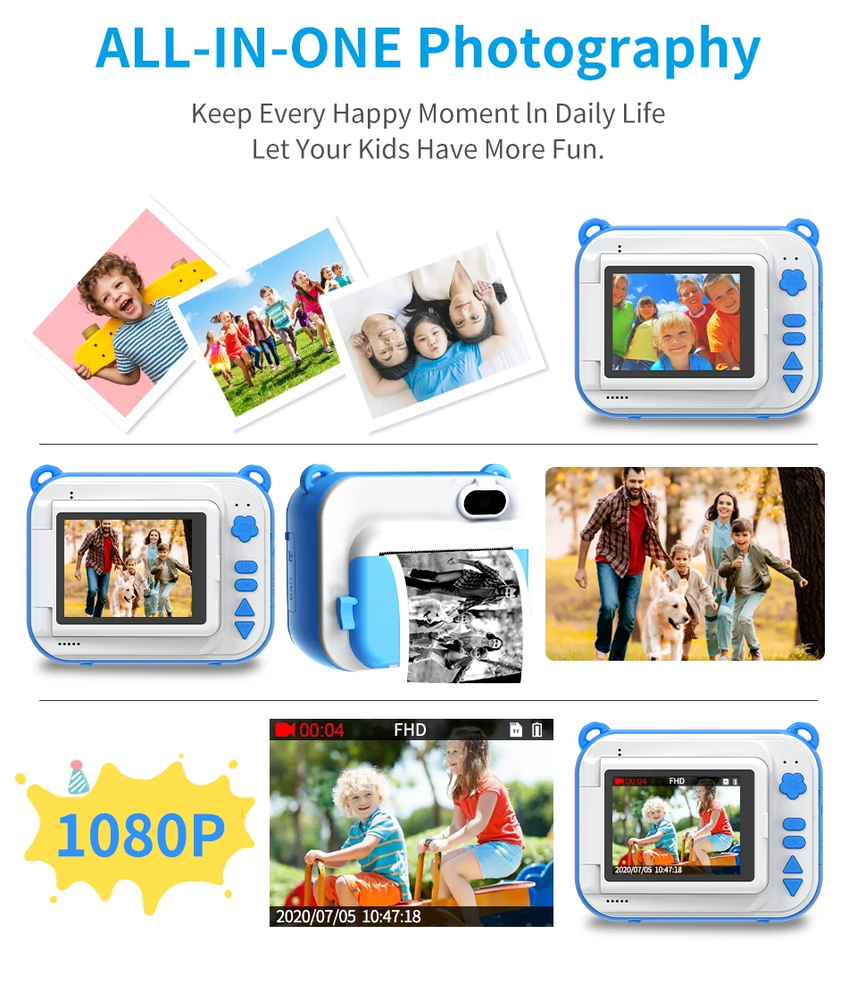 Selfie Kids Instant Print Camera Thermal Printing Camera Digital Photo Camera Girl's Toy Child Camera Video Boy's Birthday Gift