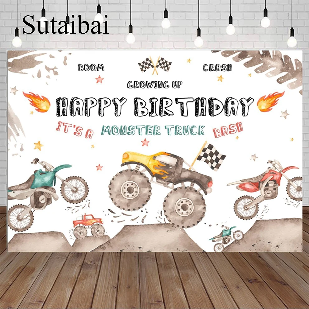 Monster Truck Festa Di Compleanno Sfondo Ragazzi Bambini Buon Compleanno Sfondo Fotografia Jam Burning Flame Car Grave Digger Party
