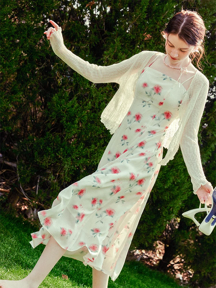 

FSLE Floral Rose Elegant Slim Dress For Women 2024 Summer New Design Seaside Holiday Suspender Classic Dress 24FS12168