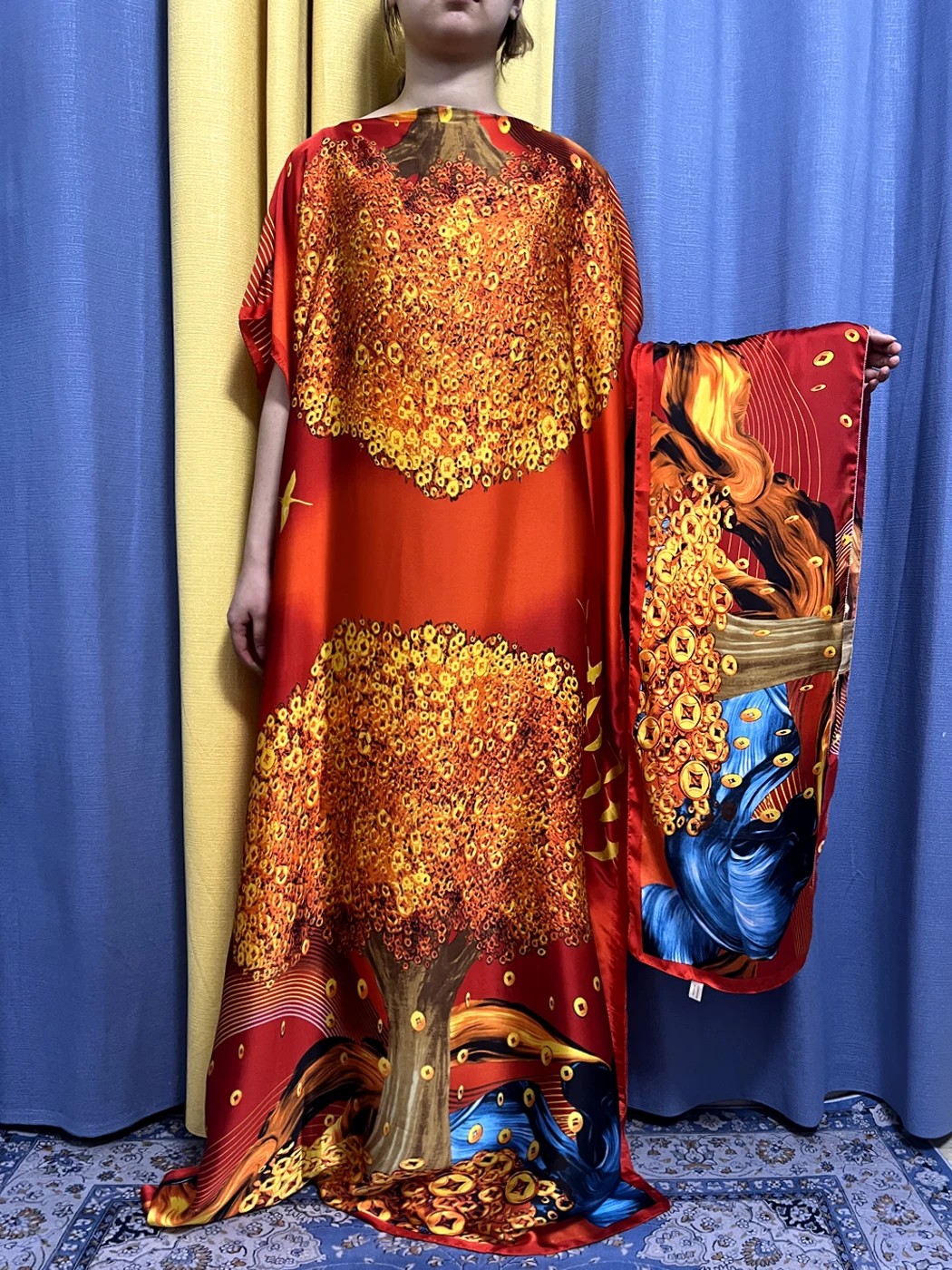 Muslim Abayas For Women 2023 Fashion New Summer Printed Tree Pattern Silk Loose Femme Robe African Islam Dresses With Headscarf